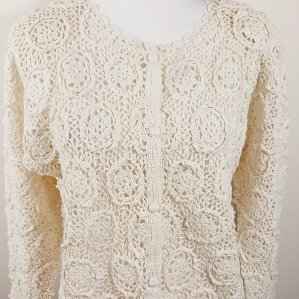 MODA INT'L Crochet Open Knit Cardigan, Cream, Size Medium, Cottagecore, Boho - Picture 8 of 16